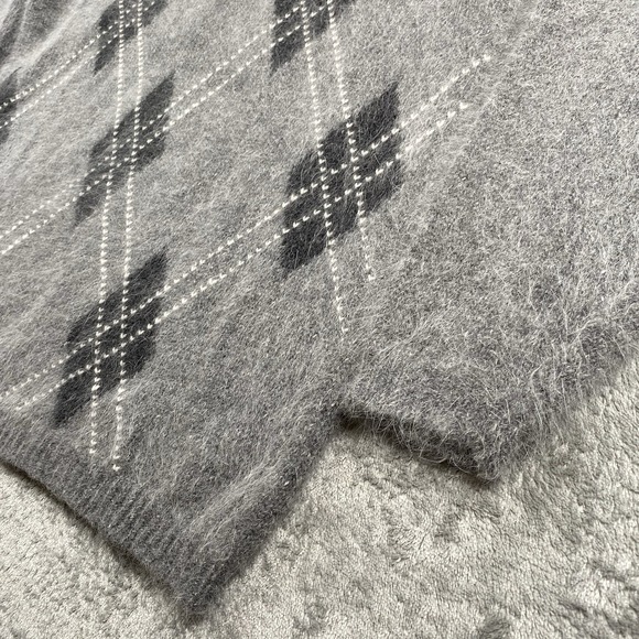 Vtg Rafaella Sweater Womens Size M Grey Argyle Angora Lambswool Shaggy Academia - Picture 2 of 10